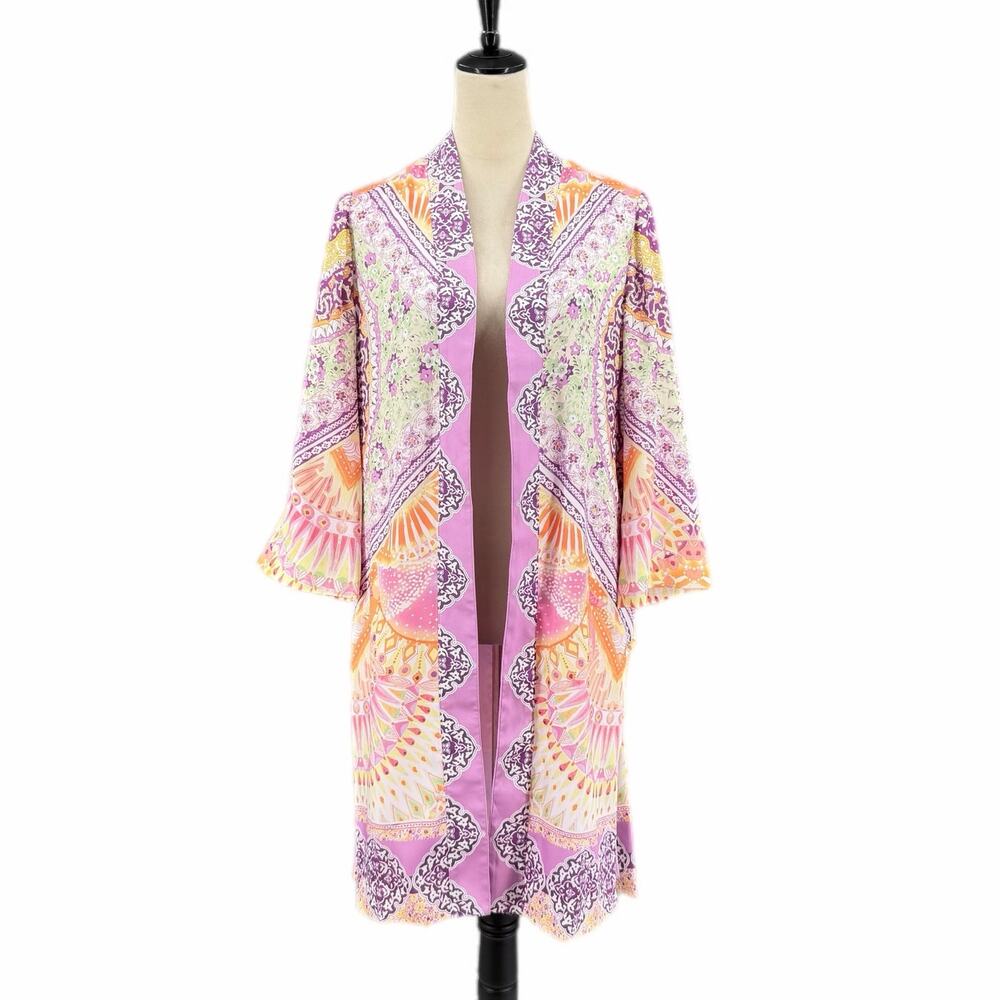 Chico’s Sz 0 Purple Pastel Coastal Tile Floral Satin Boho Chic Duster Cardigan